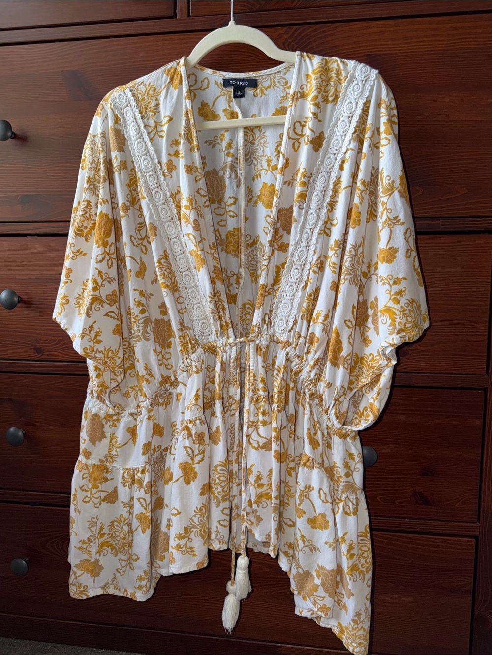 Torrid Floral Yellow Ruffle Kimono with Crochet Trim